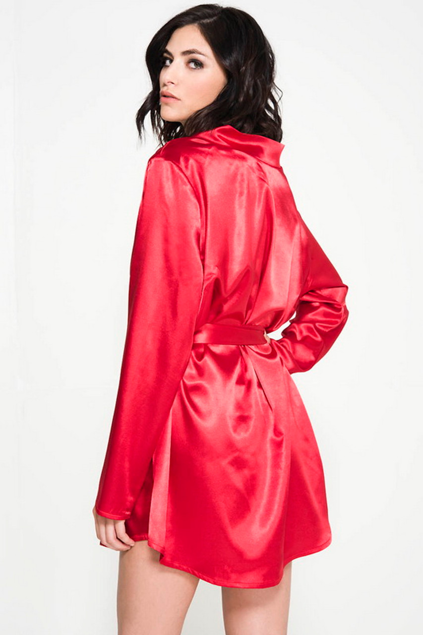 Red Satin & Scalloped Lace Robe- Spicy Lingerie