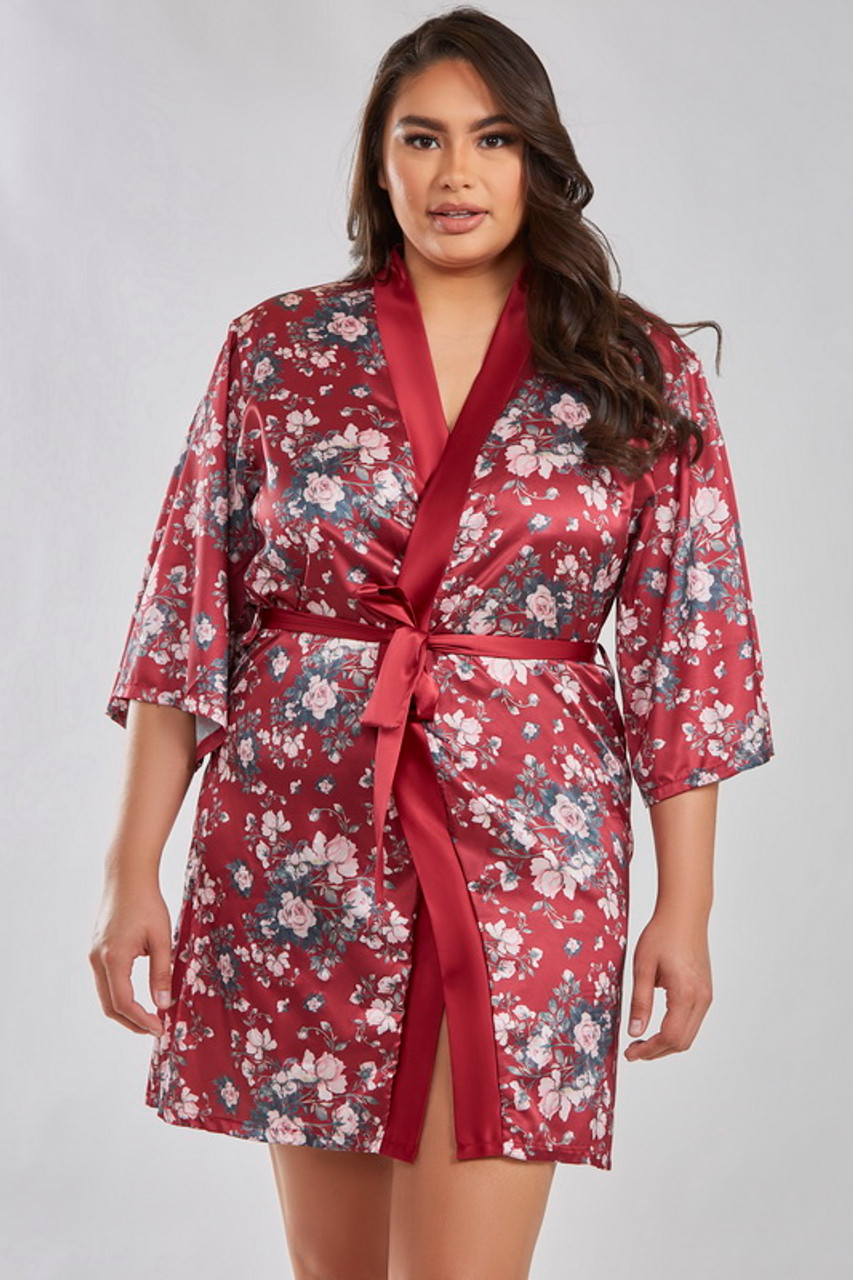 Plus Size Burgundy Brittany Floral Robe - Spicy Lingerie