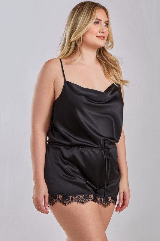 Plus Size Wake Me Up Satin & Lace Sleep Romper Spicy Lingerie