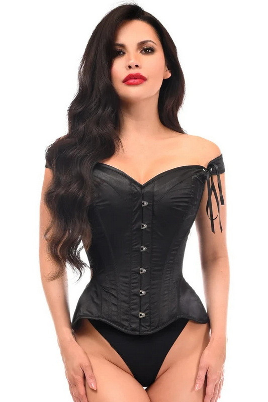 Top Drawer Black Satin Double Steel Boned Curvy Cut Waist Cincher Corset w/Lace-Up Sides
