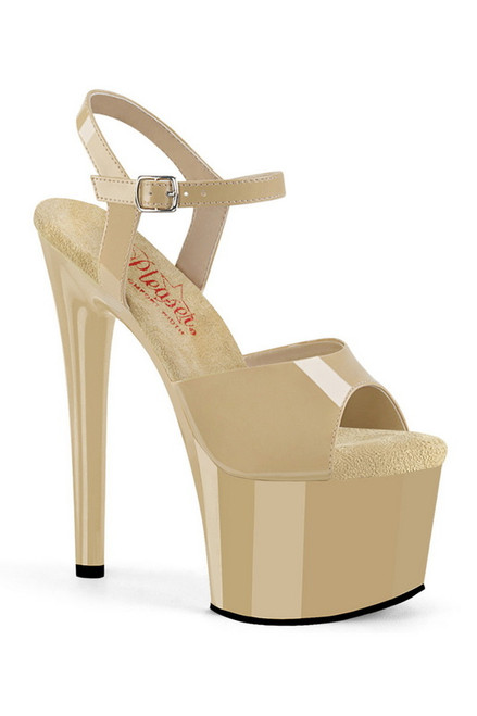 Cream Patent 7" Peep Toe Ankle Strap Sandal