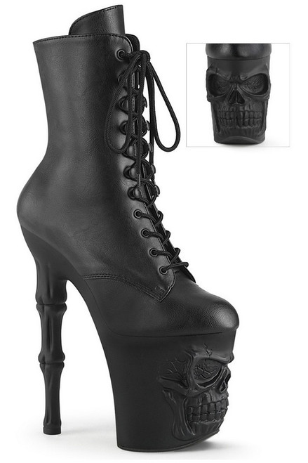 Black Faux Leather 8" Finger Bone Heel Ankle Boot