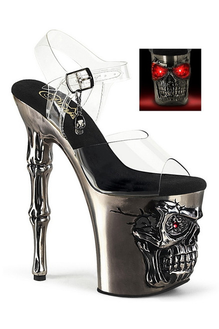 Clear & Pewter Chrome 8" Finger Bone Heel LED Ankle Strap Sandal