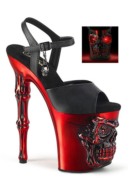 Black & Red Chrome 8" Finger Bone Heel LED Ankle Strap Sandal