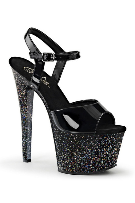Black 7" Heel Glitter Platform Ankle Strap Sandal