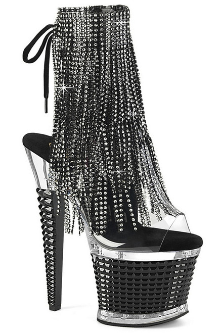 Black & Clear 7" Textured Heel Fringe Ankle Boot
