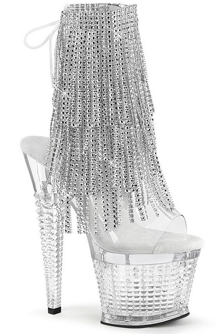 Clear & Silver 7" Textured Heel Fringe Ankle Boot