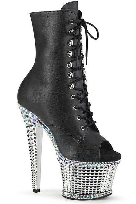 Black Faux Leather 7" Textured Heel & Rhinestones Ankle Boot