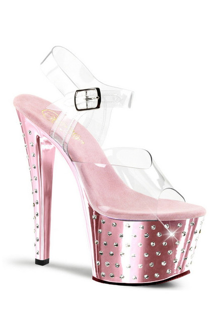 Clear & Baby Pink 7" Heel Chrome Platform Ankle Strap Sandal