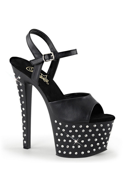 Black Faux Leather 7" Rhinestone Studs Ankle Strap Sandal