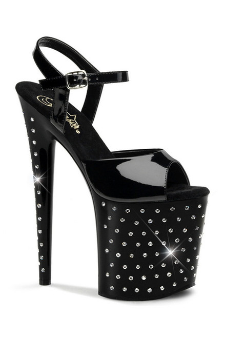 Black Patent 8" Rhinestone Studs Ankle Strap Sandal