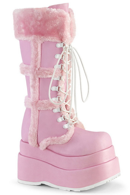 Demonia Baby Pink 4 1/2" Stacked Platform Mid-Calf Boots