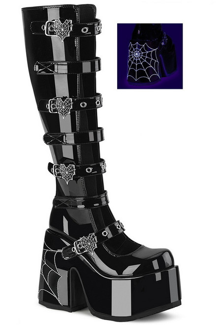 Black Patent Block Heel Spider Web Knee High Boot