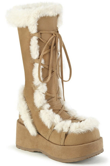 Camel Vegan Suede Mid Calf Fur Trimmed Boot