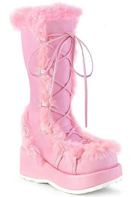 Baby Pink Vegan Suede Mid Calf Fur Trimmed Boot