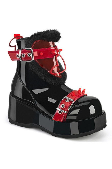 Black Patent & Red PVC Strapped Ankle Boot