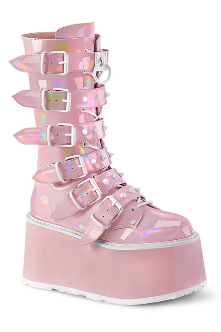 Baby Pink Holo Stud Buckle Mid Calf Boots