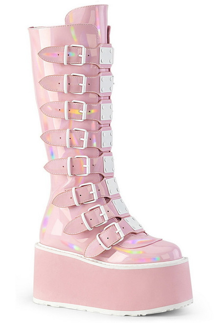 Baby Pink Holo Buckled Knee High Boot