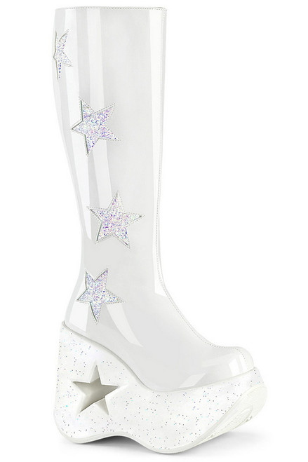 White Patent 5" Wedge Glitter Star Knee High Boot