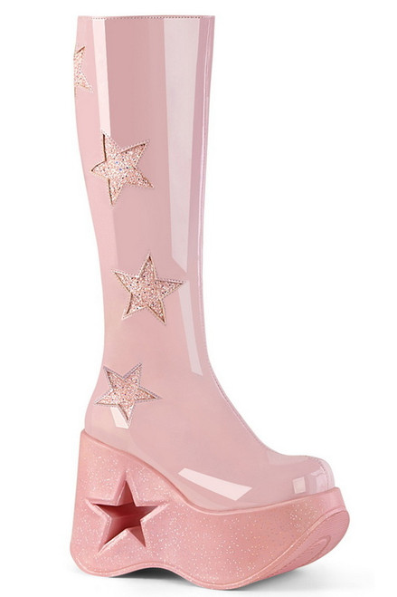 Baby Pink Patent 5" Wedge Glitter Star Knee High Boot