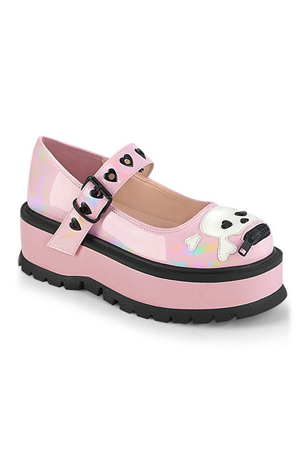 Baby Pink Holo Skull & Crossbones Maryjane 2" Platform