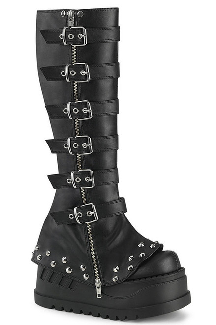 Black Vegan Leather Bell Bottom Knee High Boot