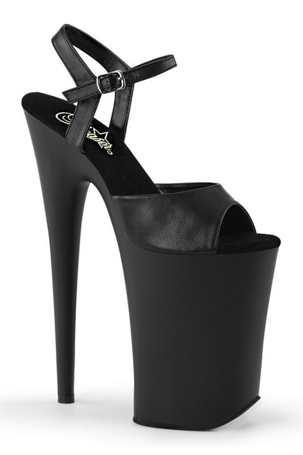 Black Faux Leather 9" Peep Toe Ankle Strap Sandal