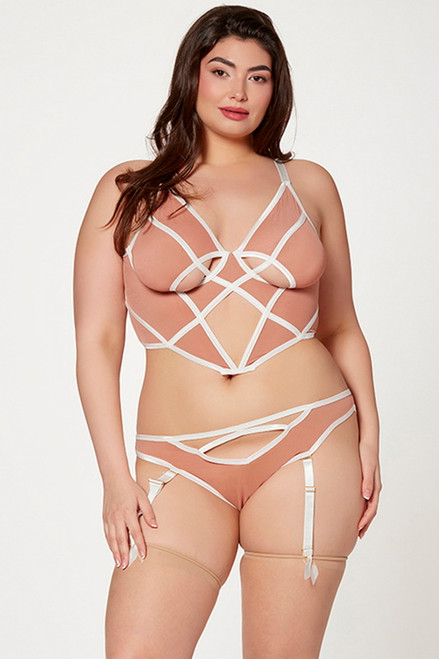 Plus Size Nude & White Trimmed Mesh Cropped Bustier & Panty