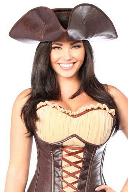Dark Brown Distressed Faux Leather Pirate Costume Hat