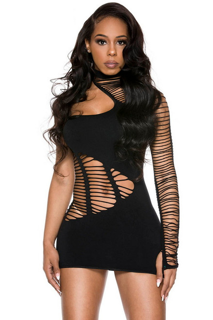 Shredded Black Opaque Mini Dress