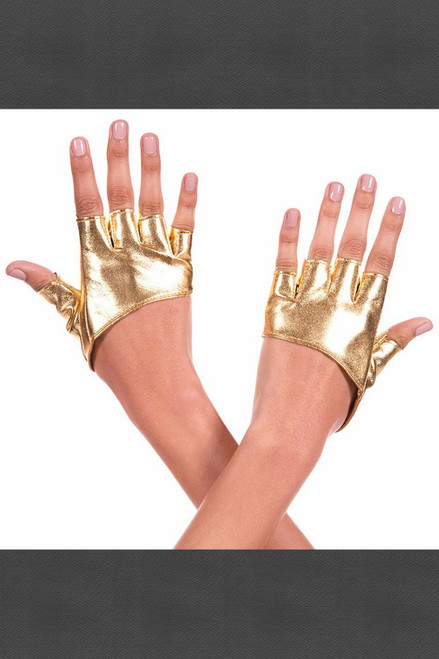 Gold Short Faux Leather Fingerless Gloves