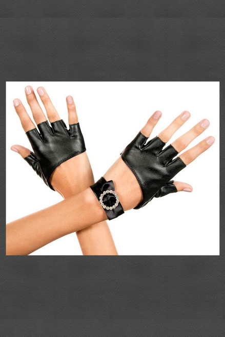 Black Metallic Fingerless Gloves & Rhinestone Wrist Band