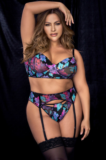 Plus Size Black Dream Flower Print Bra & Garter Set