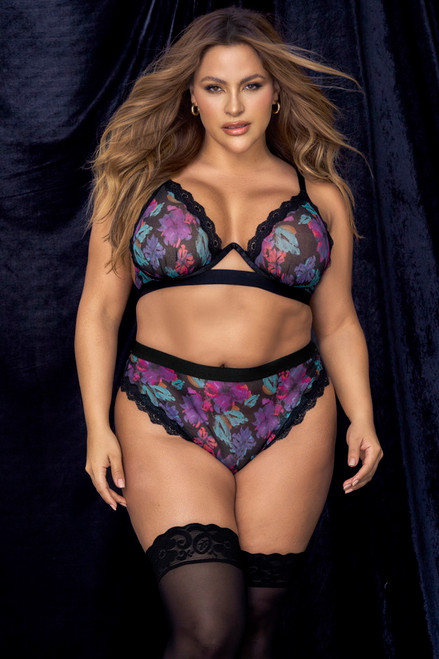 Plus Size Black Dream Flower Print Dream Flower Print Bra & Panty