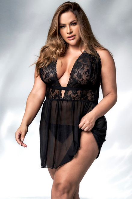 Plus Size Secret Obsession Black Deep Plunge Lingerie Babydoll