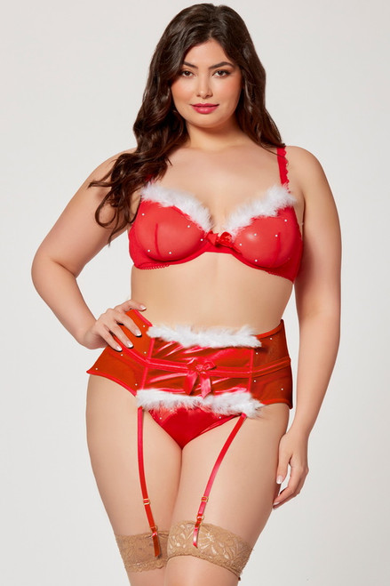 Plus Size Santa Baby Mesh & Marabou Bra & Garterbelt