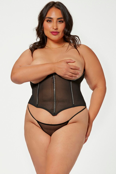 Plus Size Black Spark Of Night Mesh Bustier & G-String