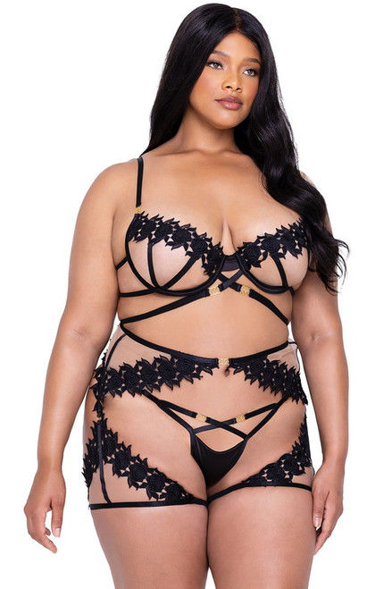 Plus Size Black Ebony Rose Bra, Thong & Chaps