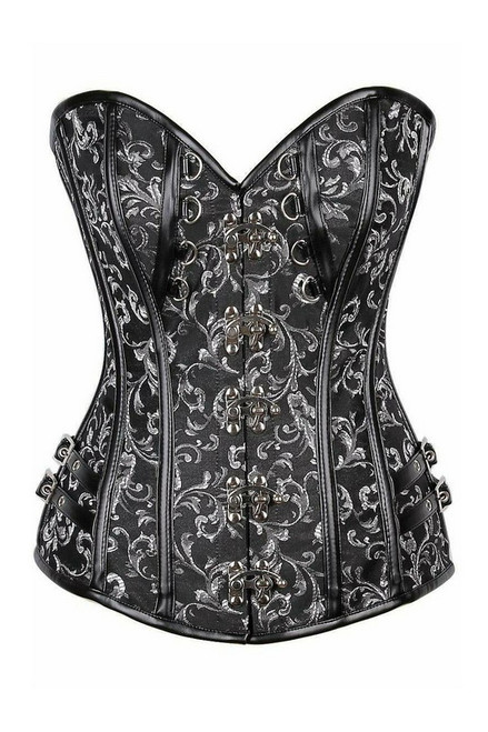 Top Drawer Black & Silver Brocade & Faux Leather Steel Boned Corset