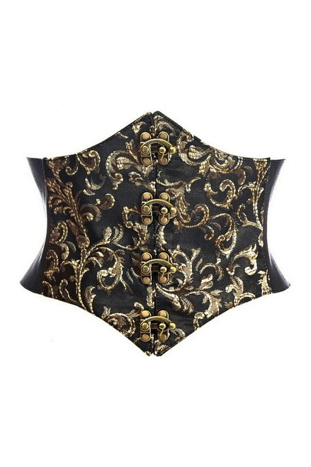Plus Size Lavish Black & Gold Swirl Brocade Clasp Corset Belt Cincher