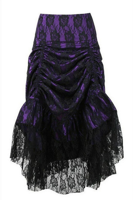 Purple & Black Lace Overlay Ruched Bustle Skirt