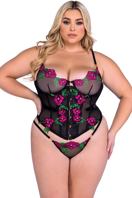 Plus Size Black Peony Embroidered Corset
