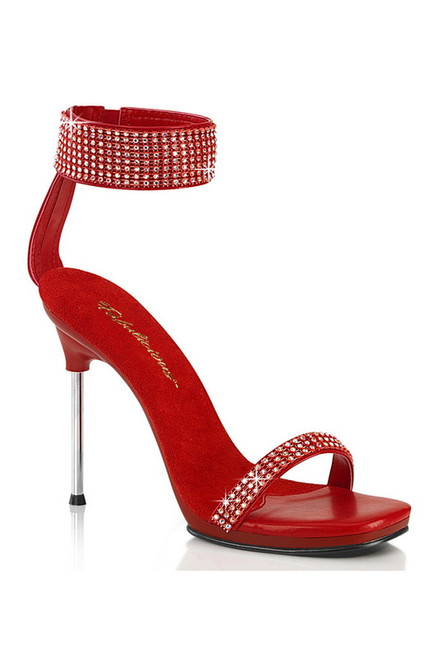 Red Ankle Strap Rhinestone Faux Leather Heels