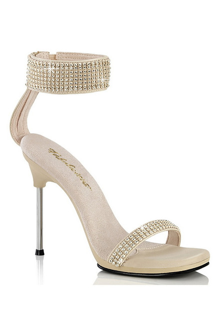 Tan Ankle Strap Rhinestone Faux Leather Heels