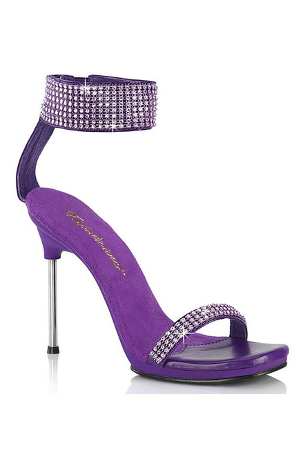 Purple Ankle Strap Rhinestone Faux Leather Heels