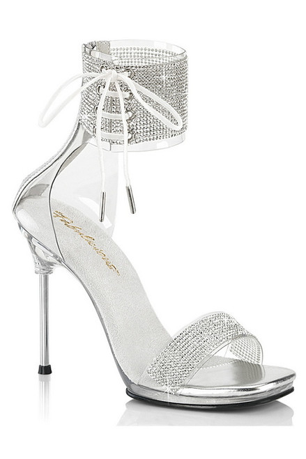 Clear and Silver 4 1/5" Stiletto Lace Up Ankle Strap Sandal