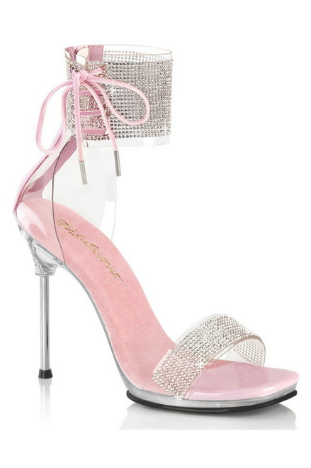 Clear and Baby Pink 4 1/5" Stiletto Lace Up Ankle Strap Sandal