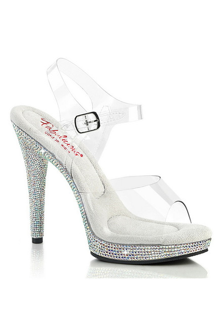 Clear 5" Heel Silver Rhinestone Ankle Strap Sandal