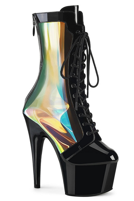 7" Holographic Black Lace Up Mid Calf Boot