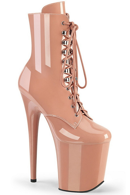 8" Heel Blush Patent Lace-Up Front Ankle Boots